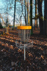 Disc Golf Basket in a Scenic Park at Sunset