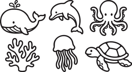 Fototapeta premium Collection of six simple black line of marine animals and coral whale dolphin octopus jellyfish