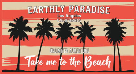 Vintage "Take Me to the Beach" Los Angeles California Palm Trees Travel Poster.
