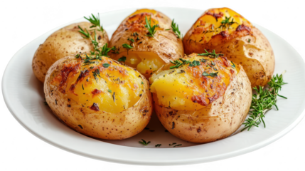 A close-up view of a plate filled with baked potatoes. garnished with fresh herbs. the golden. fluffy interior and crispy skin. perfect for culinary presentations or recipe features