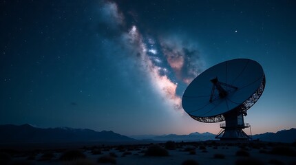 The High Plateau Observatory: A high-detail conceptual image of a radio dish and the glowing cosmos in a remote desert.