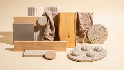Curated selection of wood, fabric, and stone samples showcasing modern design aesthetics