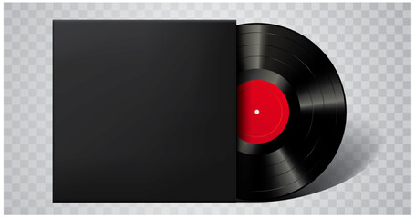 LP vinyl with red label in black cover, vector illustration
