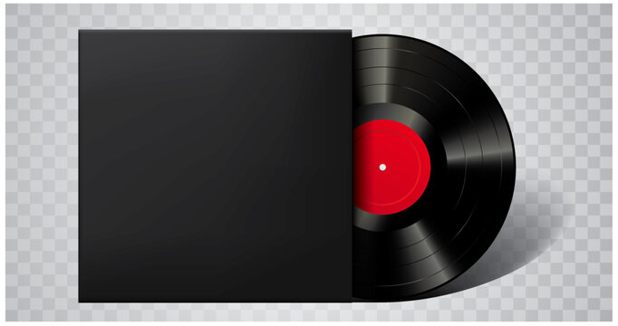 LP vinyl with red label in black cover, vector illustration