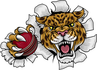 A jaguar, panther, leopard or cheetah wildcat spotted cat cricket sports team mascot holding a ball