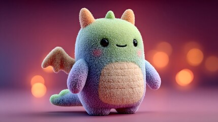 Fluffy green and purple cartoon dragon with orange wings and horns cute monster