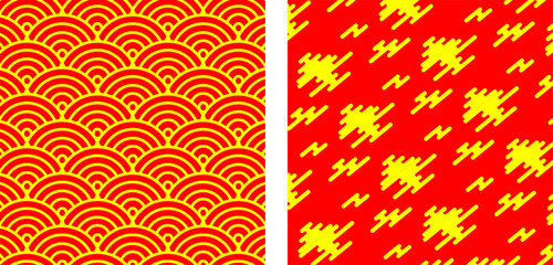 Abstract traditional oriental pattern background with yellow wave and auspicious cloud elements on bright red backdrop