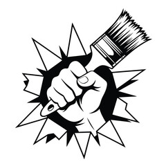 Paint brush in hand vector, paint brush fist punching through wall, paintbrush sign, painting tool