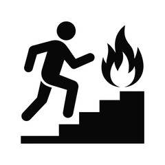 Person running up stairs to escape fire icon symbol for emergency exit and safety procedures on transparent background