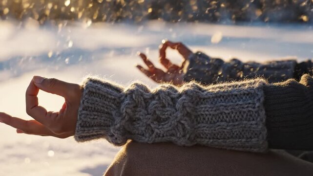 Close up hands in knitted sleeves doing yoga mudra. Serene winter scene with sunlight and snowflakes implies peace. Perfect for health, lifestyle and relaxation concepts.