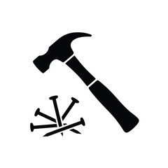 Black silhouette of a hammer and a pile of nails isolated on a transparent background building tools icon