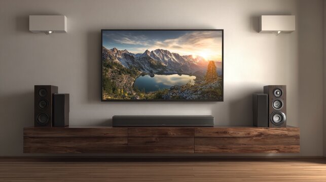 A modern living room setup features a large TV displaying a scenic mountain lake landscape, accompanied by audio equipment