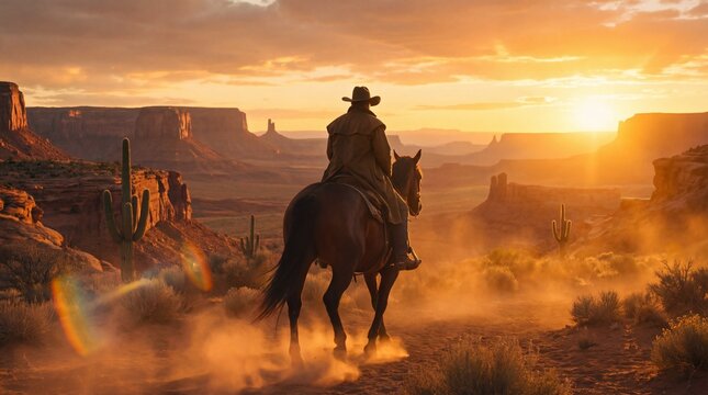Cowboy Riding Horse Into Sunset In American West Desert Landscape With Dust