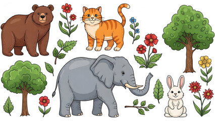 Colorful cartoon animals and plants bear