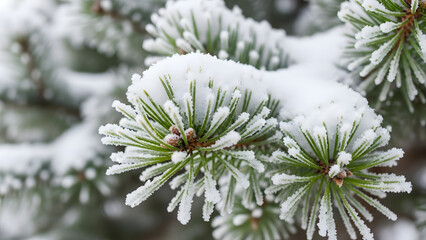 Close up view of snow and frost covering pine tree needles on a winter day