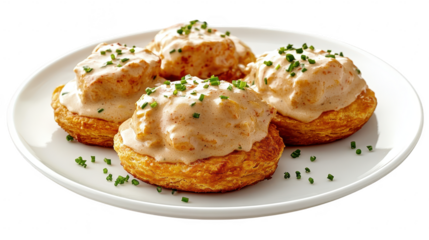A close-up view of freshly baked biscuits topped with creamy sausage gravy. garnished with chives. served on a white plate. a delicious breakfast spread in a bright kitchen setting