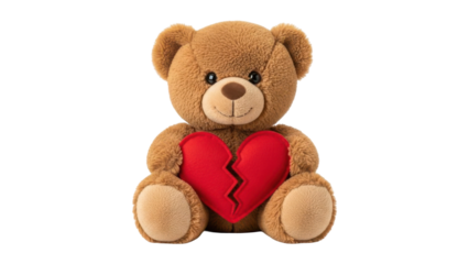 Cute teddy bear with broken heart isolated on transparent background
