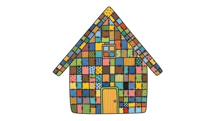 Colorful Patchwork House with Yellow Door and Window