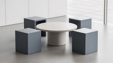 Minimalist modern meeting area featuring a round light table surrounded by four dark gray geometric cube seating stools