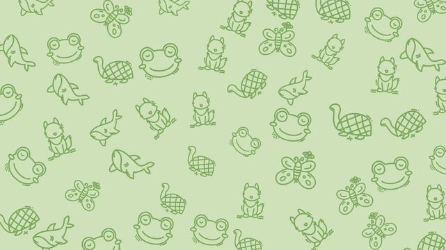 Sea animals pattern light green backdrop displays a charming pattern with turtles, sharks, frogs foxes and butterflies.