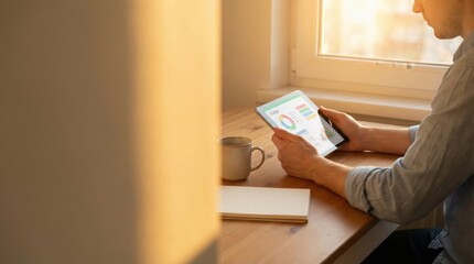 Person reviewing financial data on a tablet near an open window with sunlight streaming in
