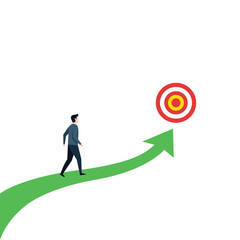 Man Walking on a Curved Path Toward a Target Symbolizing Focus, Goals, Direction, Success, and Personal Growth Ambition and focus, man walking on winding path leading to bullseye target, success,