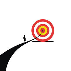 Man Walking on a Curved Path Toward a Target Symbolizing Focus, Goals, Direction, Success, and Personal Growth Ambition and focus, man walking on winding path leading to bullseye target, success,