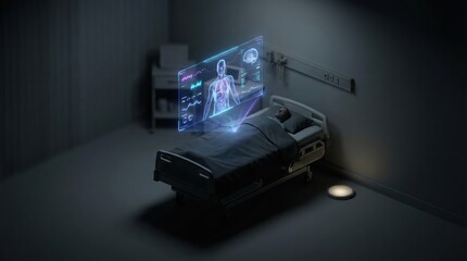 Futuristic hospital bed with holographic medical interface displaying human anatomy and health data