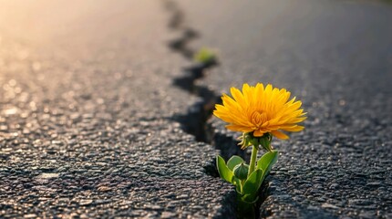 Yellow flower growing through a crack in asphalt road at sunset