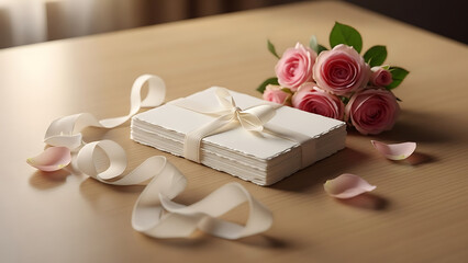 A stack of white cards tied with a cream ribbon, accompanied by pink roses and petals on a wooden table.