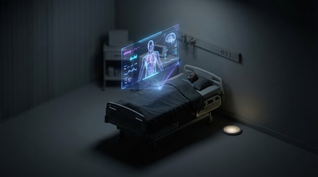 Futuristic hospital bed with holographic medical interface displaying human anatomy and health data - Powered by Adobe