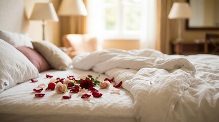 Cozy bedroom with scattered rose petals on a neatly made bed and soft natural lighting