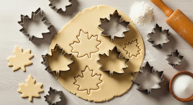 Maple Leaf Cookie Cutters on Dough, Baking Fall Treats, Autumn Season