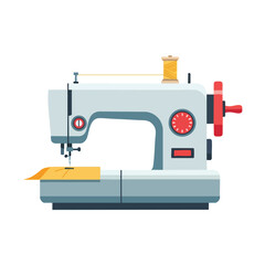 An illustration of a light grey sewing machine with a red wheel, spool, and fabric