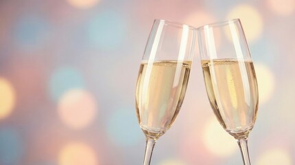 Two elegant champagne flutes clinking together with sparkling wine against a soft pastel background