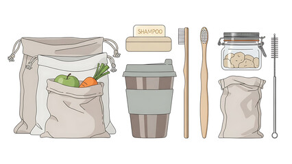 Zero waste lifestyle products collection with reusable bags coffee cup and bamboo toothbrushes