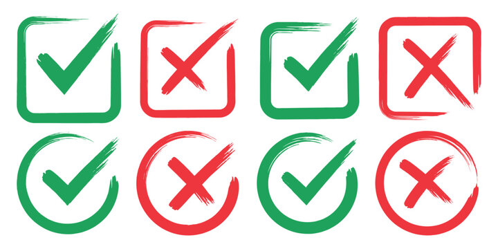 Grunge vector checkmark and cross. Grunge green check mark and red cross mark icon set. brush correct or incorrect sign with circle