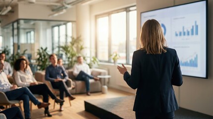 Professional woman presenting a business report to an attentive group in a modern office setting