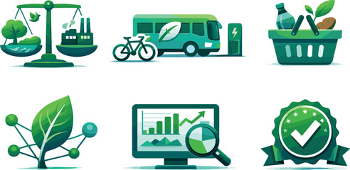 Sustainable Strategy Symbols. Integrated systems layout representing sustainable development strategies, six symbolic objects