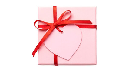 Pink gift box with red ribbon and heart shaped tag isolated on transparent background