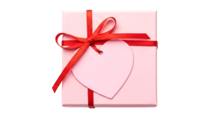 Pink gift box with red ribbon and heart shaped tag isolated on transparent background