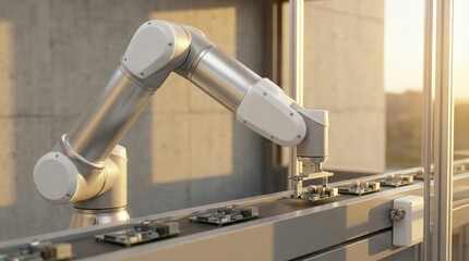 Modern robotic arm performing precise assembly tasks on electronic circuit boards in a well-lit industrial setting