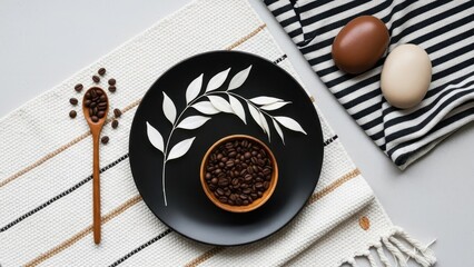 Elegant coffee beans display on a black plate and spoon with natural decorative elements