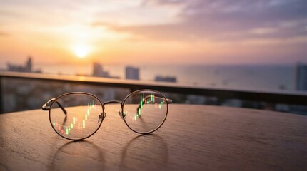 Eyeglasses with stock chart reflection on a wooden table during sunset over a city skyline