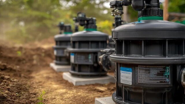 Close medium shot highlighting active hybrid septic system parts featuring mechanical aeration units operating efficiently outdoors.