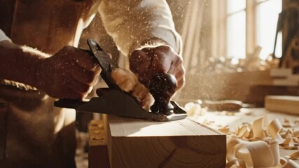 Skilled craftsman using a hand plane to smooth and shape a piece of wood in a workshop