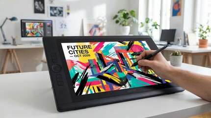 Designer's hand draws vibrant abstract art on a Wacom pen display in a bright studio workspace, concept for digital illustration, creative software and professional graphic design