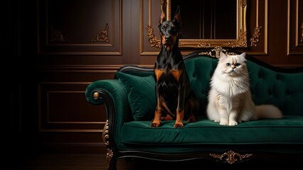 Elegant Doberman and fluffy white cat on luxurious green velvet sofa