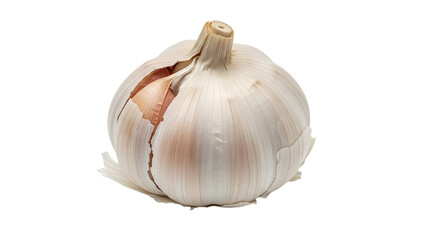 Garlic Bulb: A close-up shot of a single, fresh garlic bulb, its papery layers delicately peeled back to reveal the clove within, embodying freshness and the essence of natural cuisine.