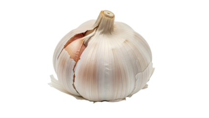 Garlic Bulb: A close-up shot of a single, fresh garlic bulb, its papery layers delicately peeled back to reveal the clove within, embodying freshness and the essence of natural cuisine.